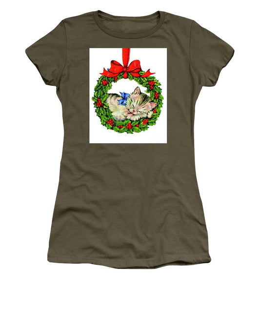 Women's T-Shirt (Junior Cut) - Kitten In A Christmas Wreath