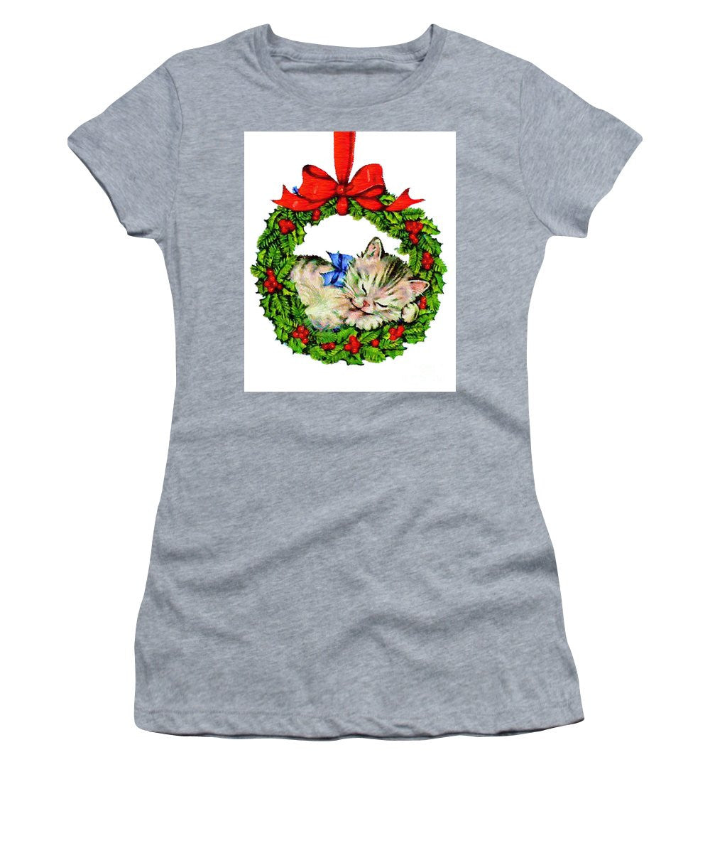 Women's T-Shirt (Junior Cut) - Kitten In A Christmas Wreath