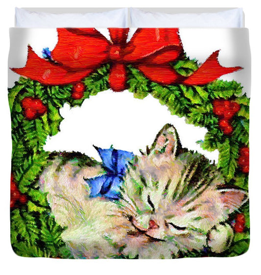 Duvet Cover - Kitten In A Christmas Wreath