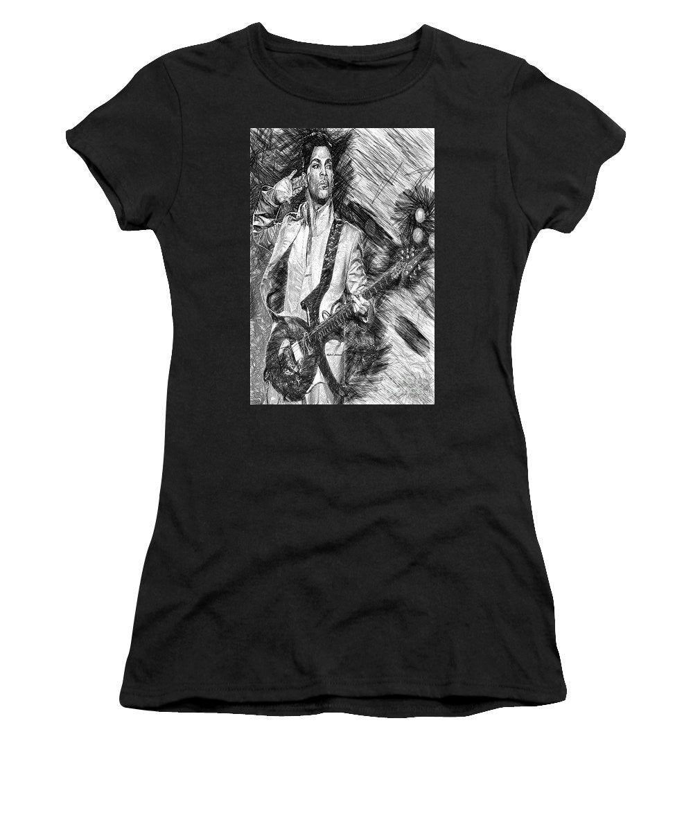 Women's T-Shirt (Junior Cut) - Prince - Tribute With Guitar In Black And White