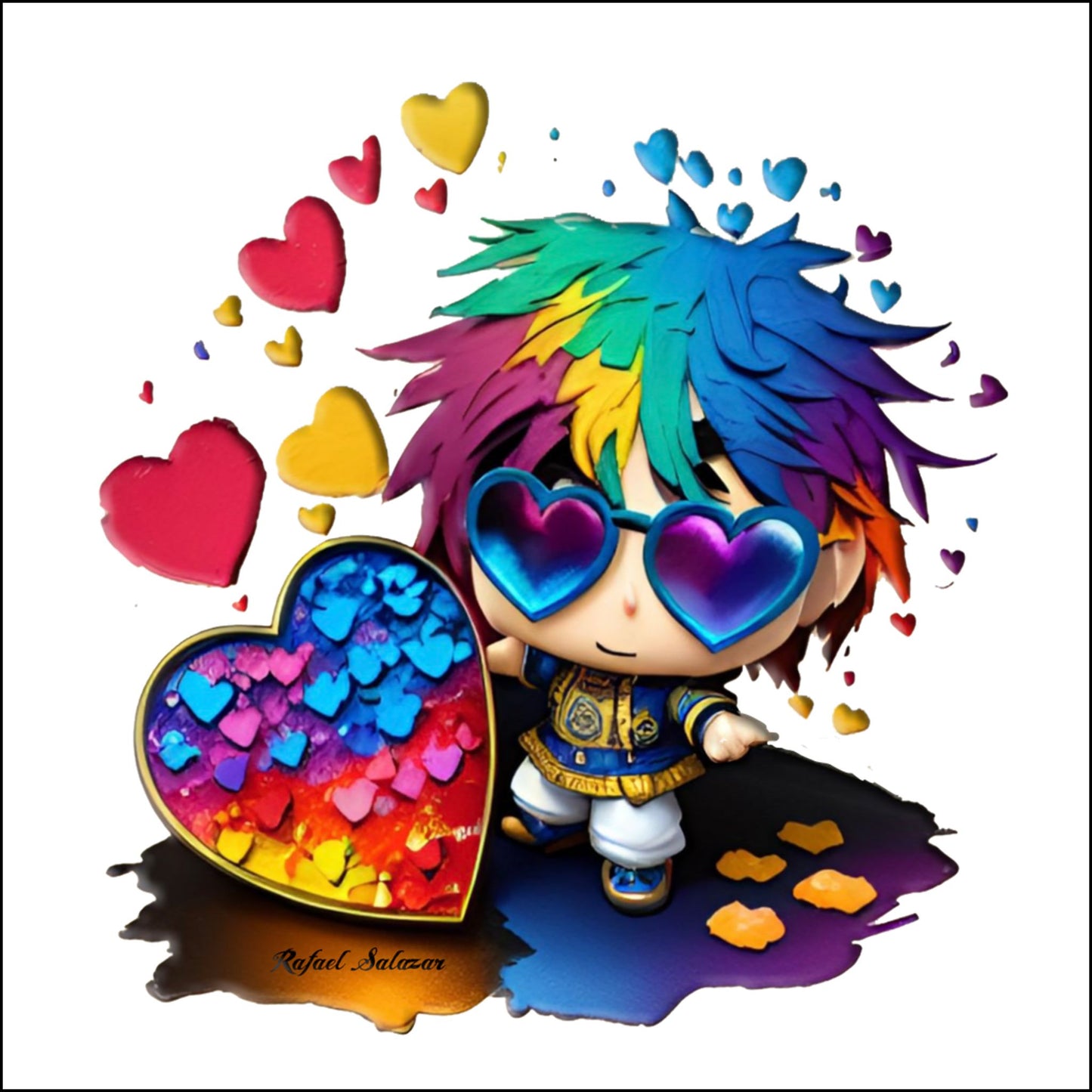 Acrylic Ornament - Heartburst, Colorful Character with Rainbow Hair and Hearts,