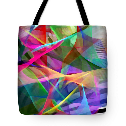 tote bag in abstract pattern with bold colors purple, green, yellow, orange, black, white and fuchsia