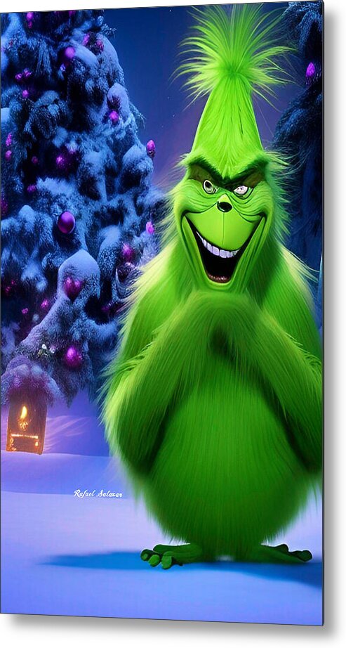 Scheming Grinch in Holiday Bliss - Metal Print