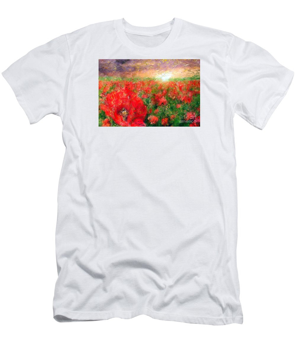 T-shirt pour homme (coupe ajustée) - Paysage abstrait de coquelicots rouges