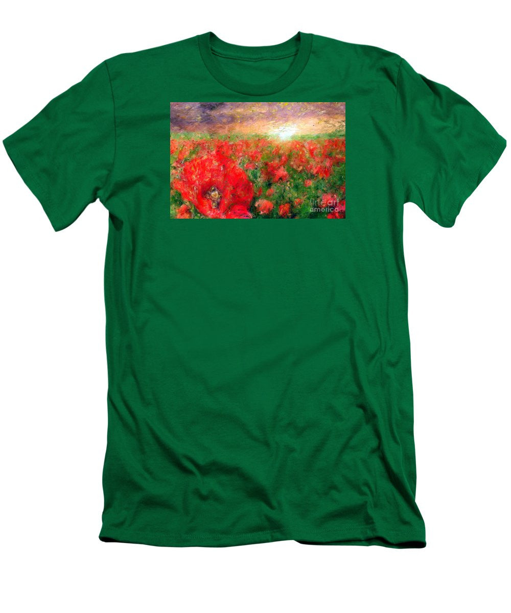 T-shirt pour homme (coupe ajustée) - Paysage abstrait de coquelicots rouges