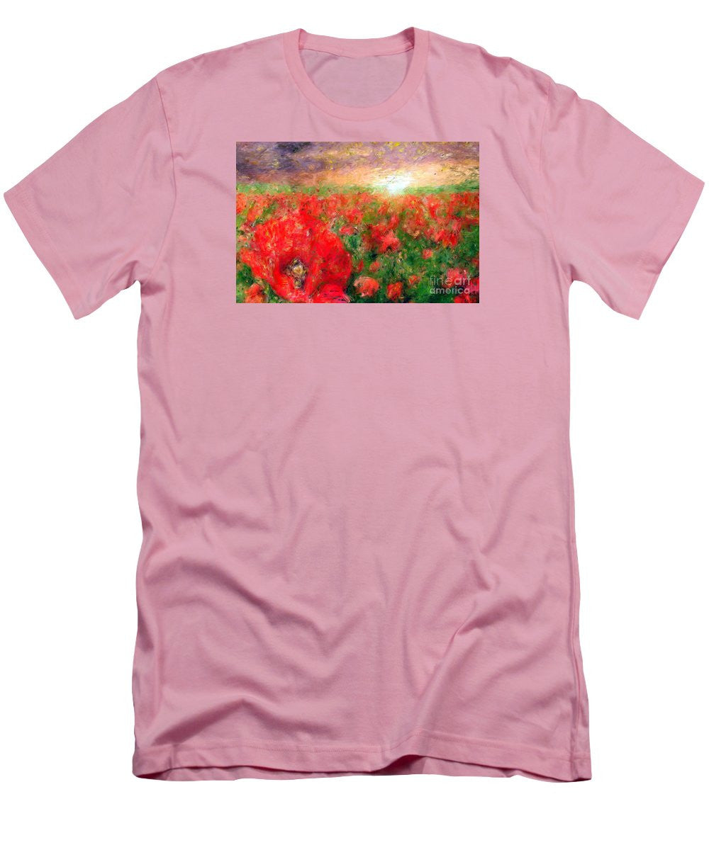 T-shirt pour homme (coupe ajustée) - Paysage abstrait de coquelicots rouges