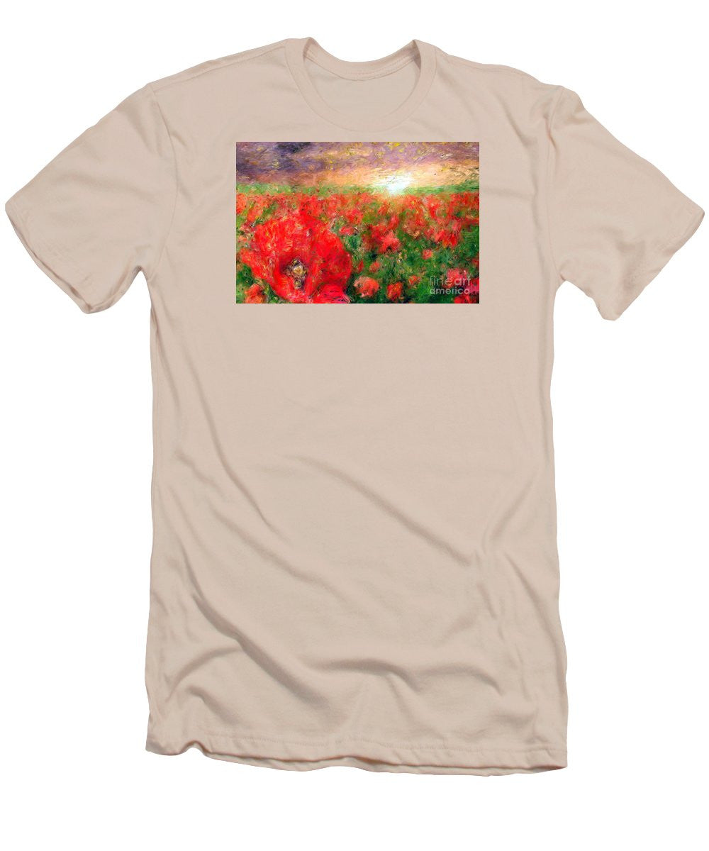 T-shirt pour homme (coupe ajustée) - Paysage abstrait de coquelicots rouges