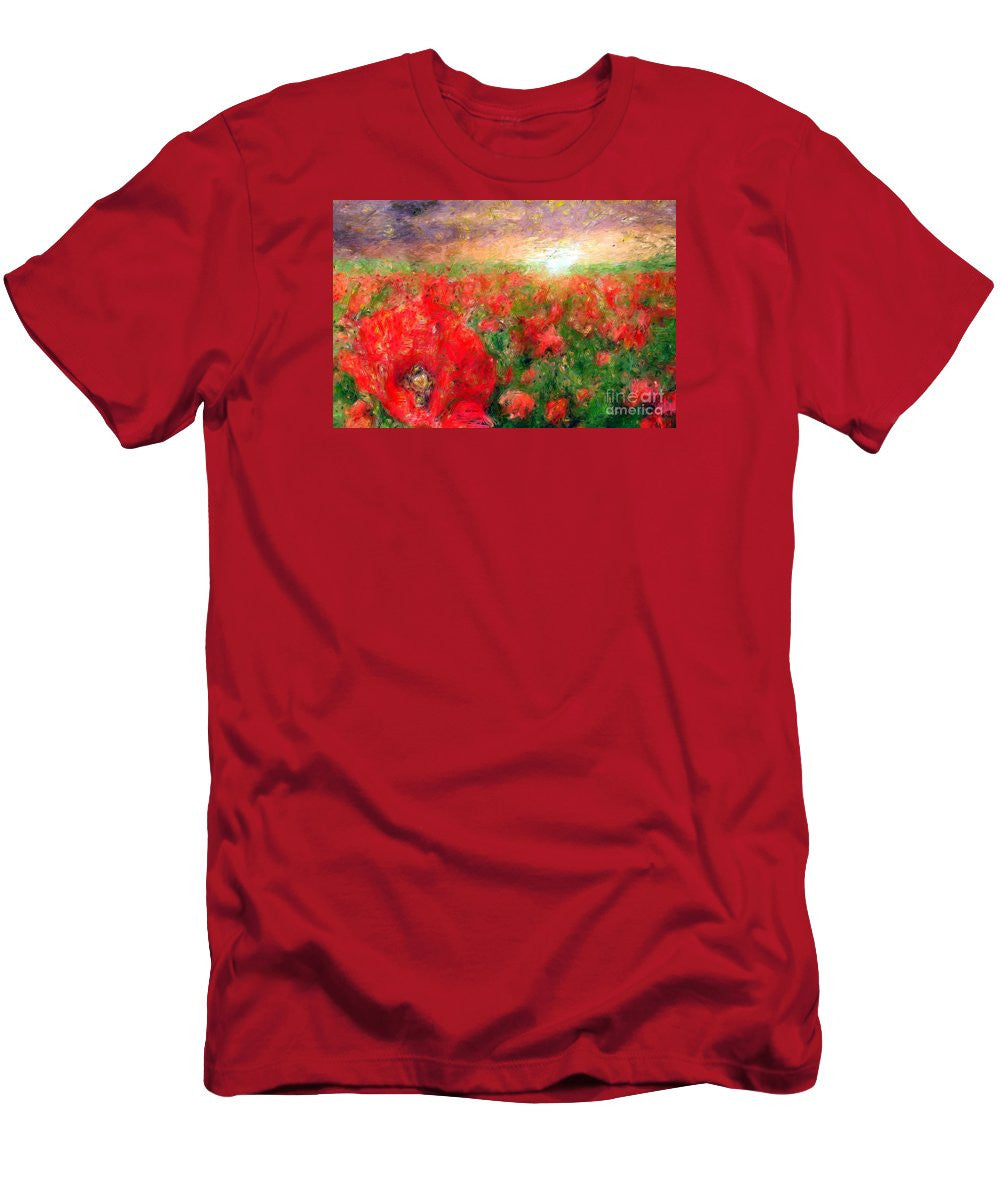 T-shirt pour homme (coupe ajustée) - Paysage abstrait de coquelicots rouges