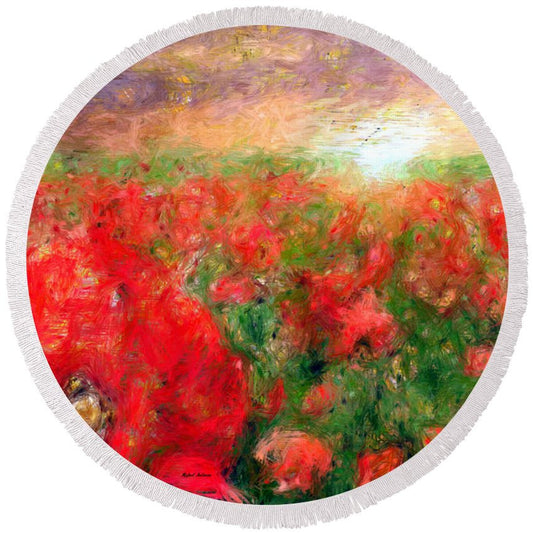 Round Beach Towel - Abstract Landscape Of Red Poppies