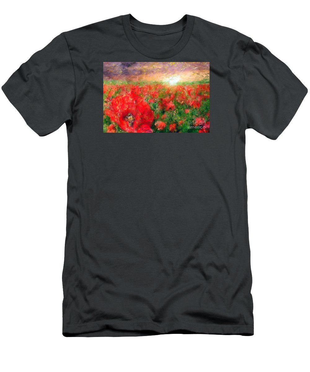 T-shirt pour homme (coupe ajustée) - Paysage abstrait de coquelicots rouges