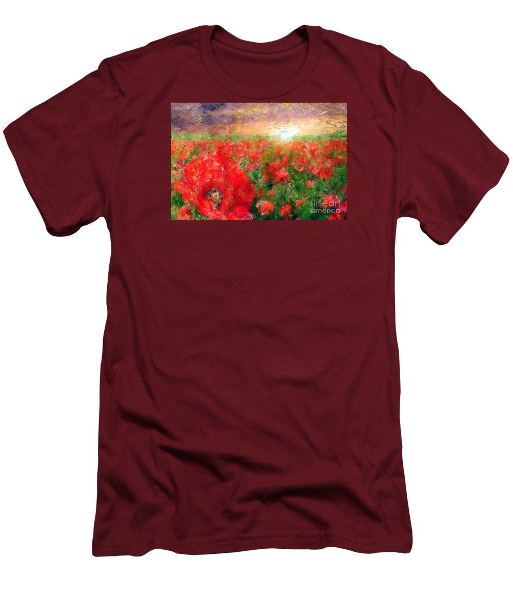 T-shirt pour homme (coupe ajustée) - Paysage abstrait de coquelicots rouges