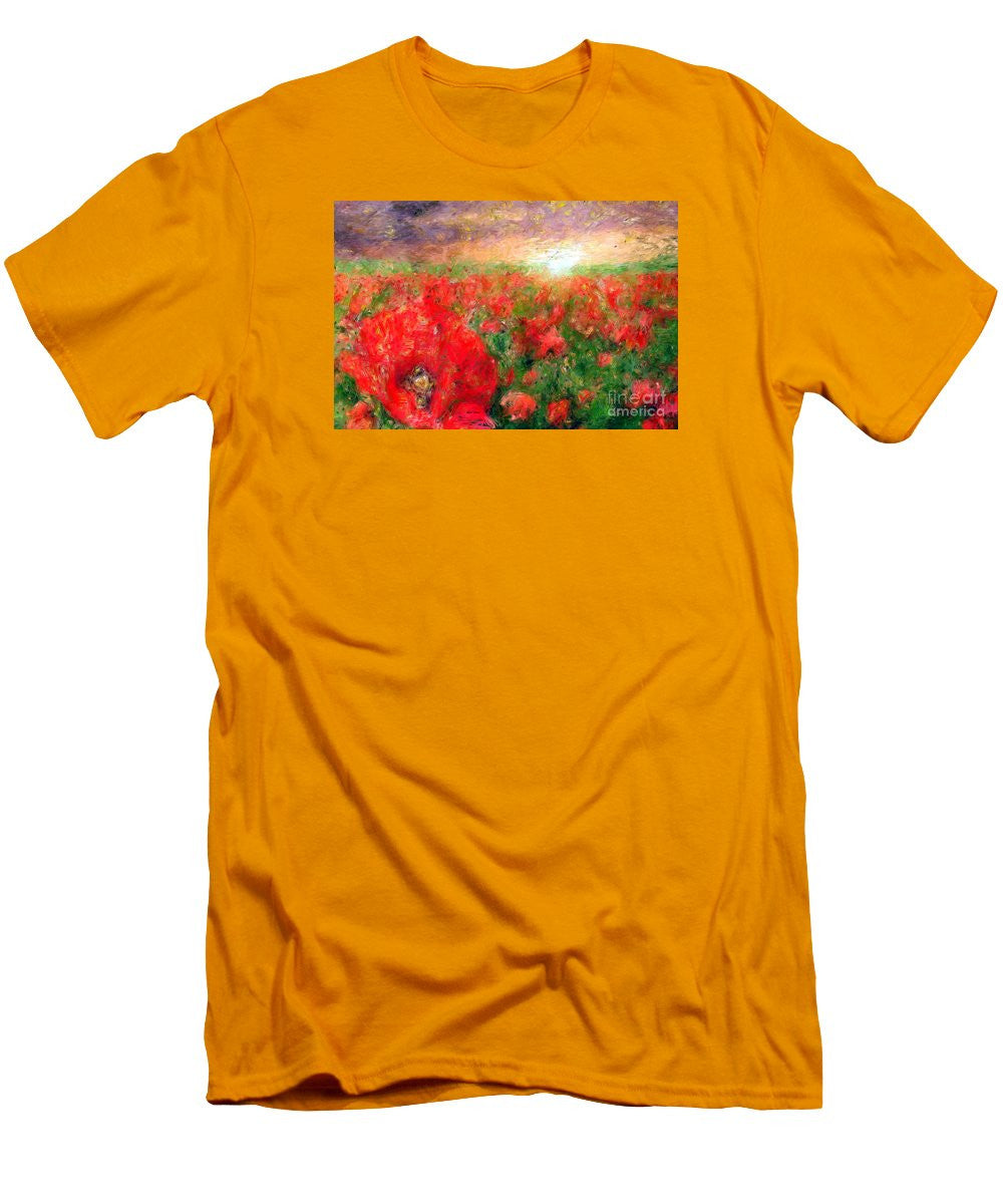 T-shirt pour homme (coupe ajustée) - Paysage abstrait de coquelicots rouges