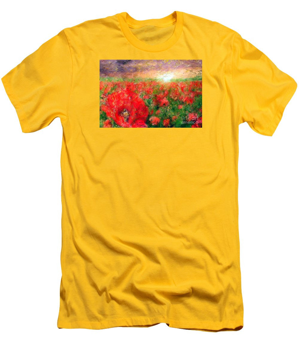 T-shirt pour homme (coupe ajustée) - Paysage abstrait de coquelicots rouges