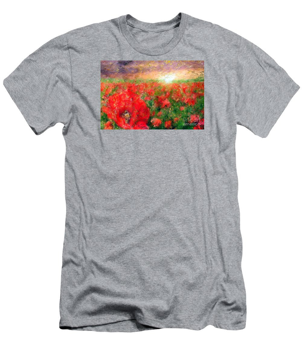 T-shirt pour homme (coupe ajustée) - Paysage abstrait de coquelicots rouges