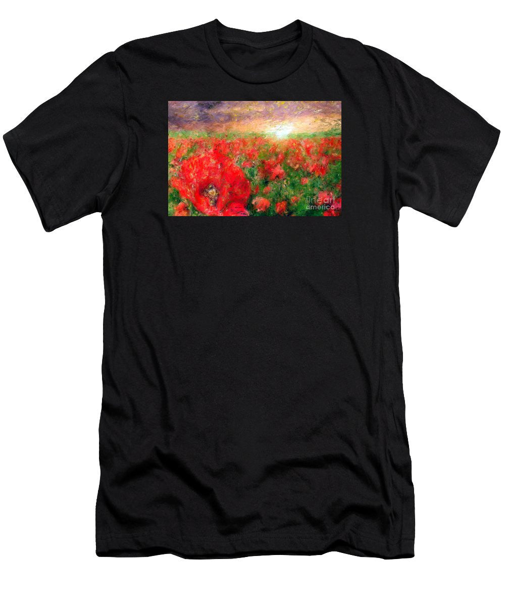 T-shirt pour homme (coupe ajustée) - Paysage abstrait de coquelicots rouges