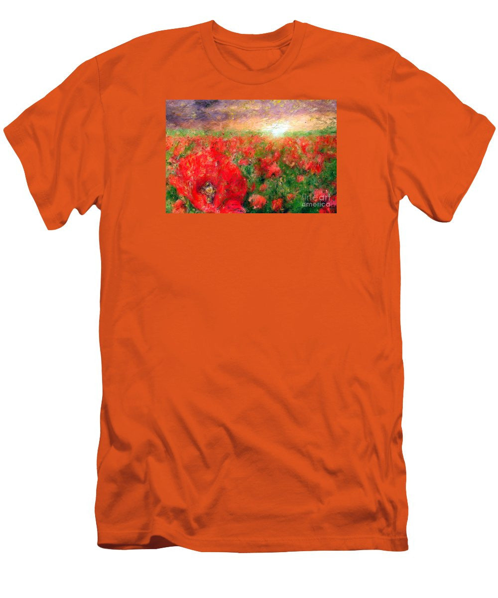 T-shirt pour homme (coupe ajustée) - Paysage abstrait de coquelicots rouges