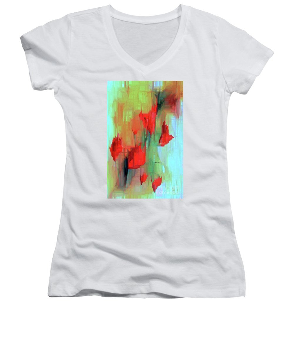 Women's V-Neck T-Shirt (Junior Cut) - Abstract Red Flowers