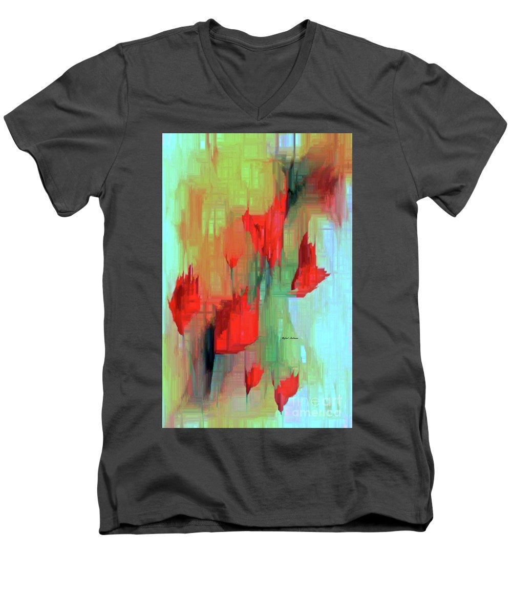Men's V-Neck T-Shirt - Abstract Red Flowers