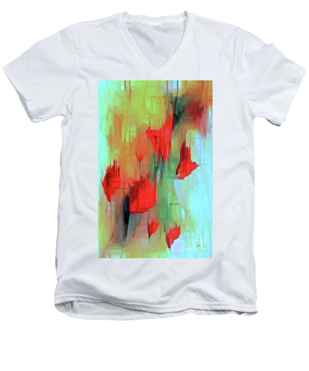 Men's V-Neck T-Shirt - Abstract Red Flowers