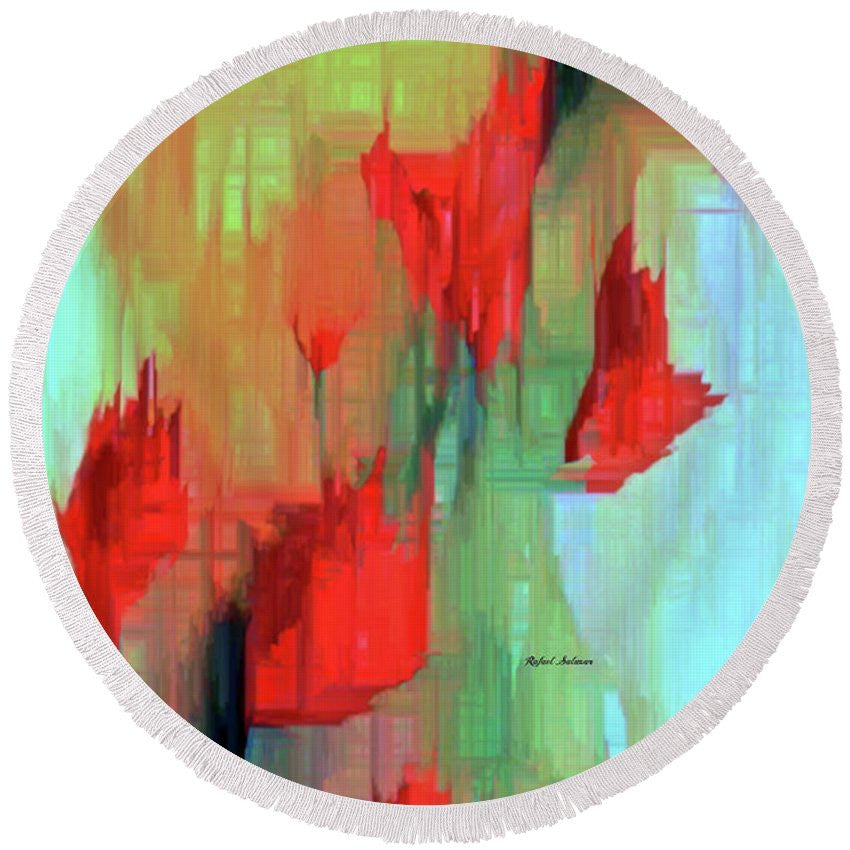 Round Beach Towel - Abstract Red Flowers