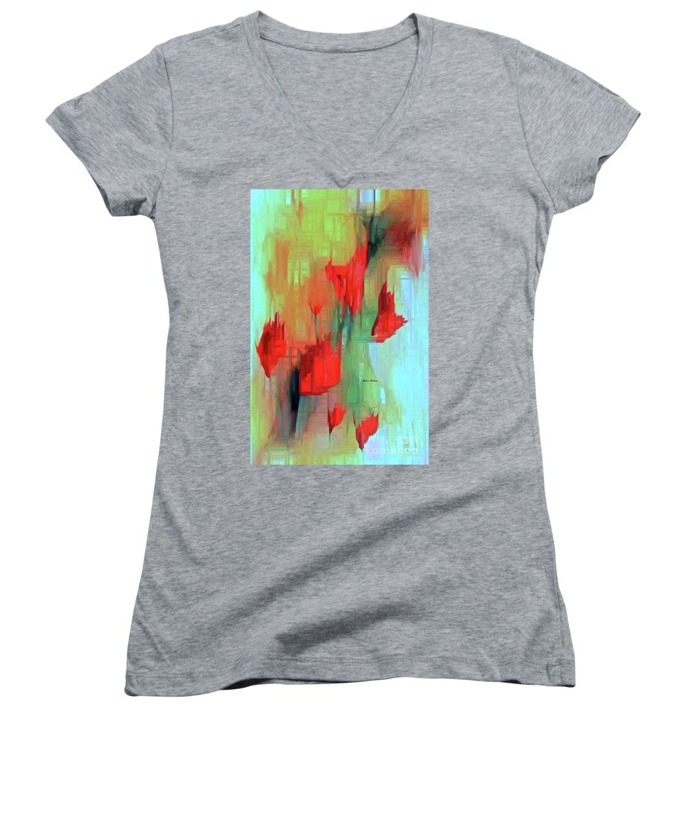 Women's V-Neck T-Shirt (Junior Cut) - Abstract Red Flowers