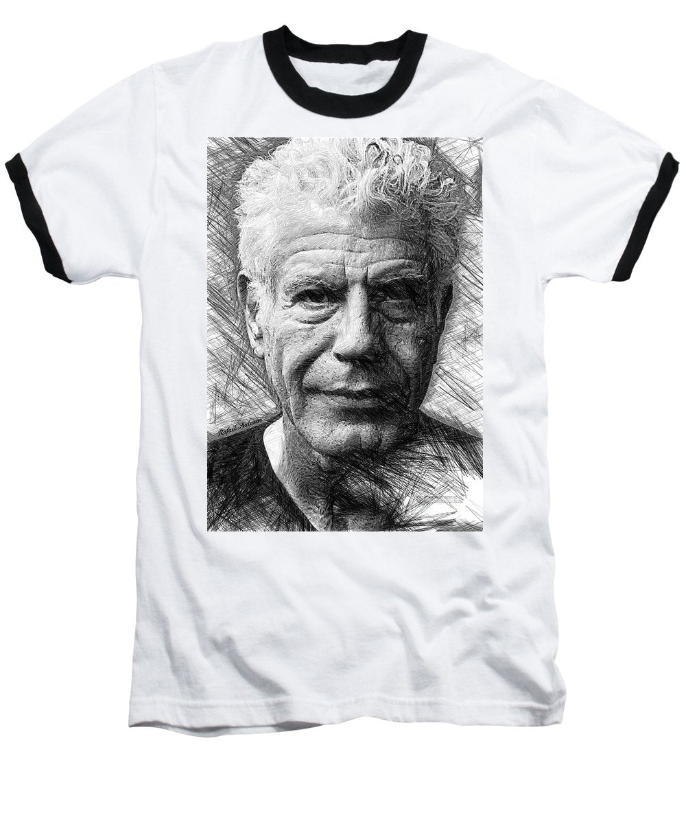 Anthony Bourdain - Ink Drawing - Baseball T-Shirt