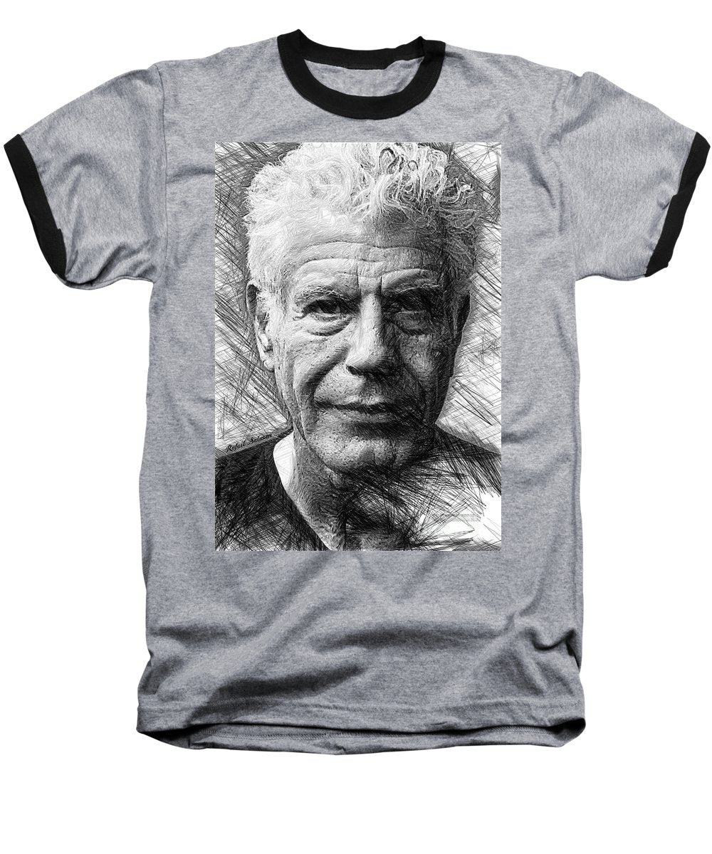 Anthony Bourdain - Ink Drawing - Baseball T-Shirt