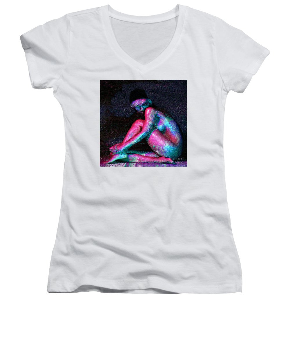 T-shirt col V pour femme (coupe junior) - Femme posant