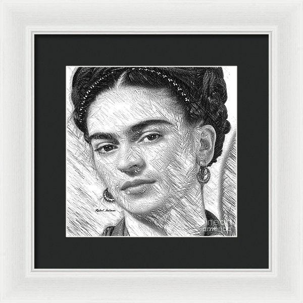 Frida Drawing In Black And White - Framed Print