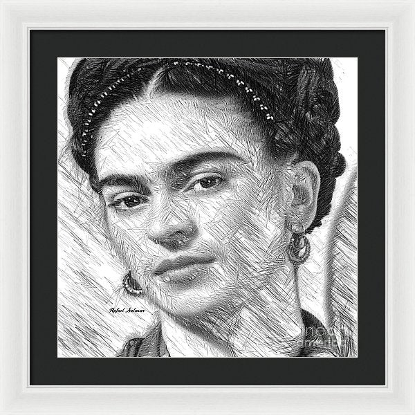 Frida Drawing In Black And White - Framed Print