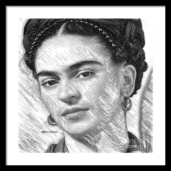 Frida Drawing In Black And White - Framed Print