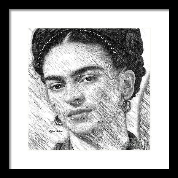 Frida Drawing In Black And White - Framed Print