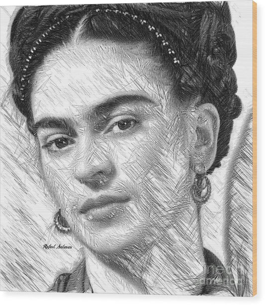 Frida Drawing In Black And White - Wood Print