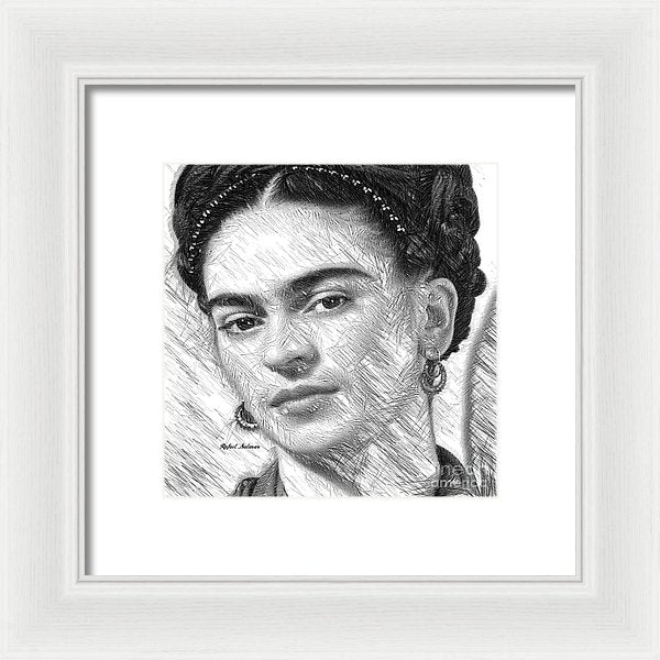 Frida Drawing In Black And White - Framed Print