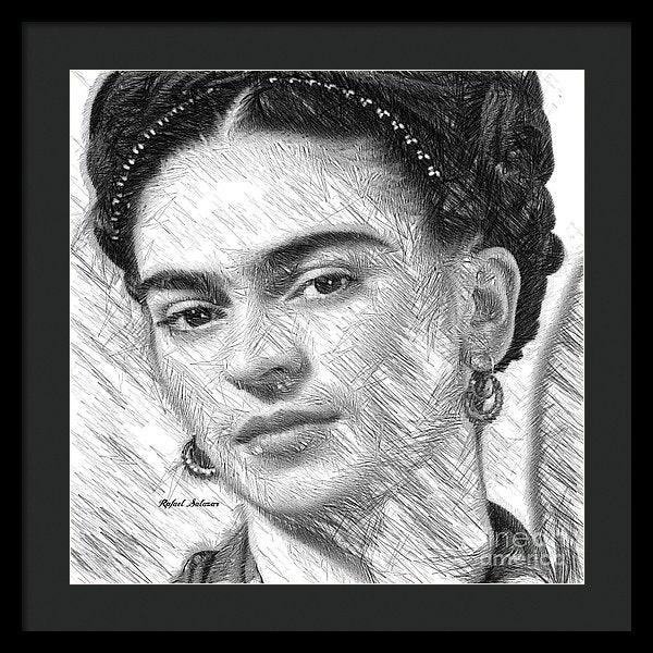 Frida Drawing In Black And White - Framed Print