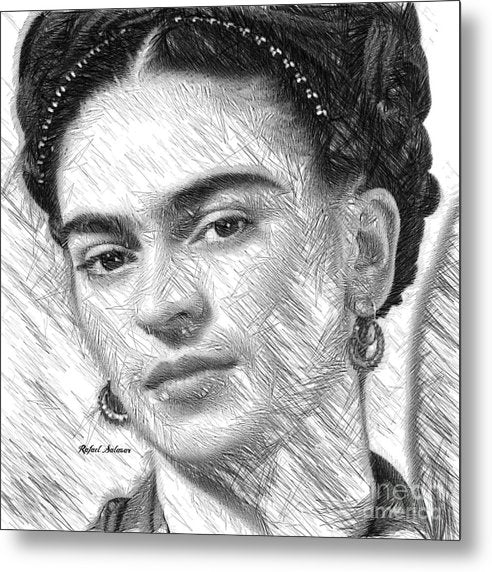 Frida Drawing In Black And White - Metal Print