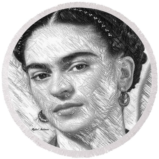 Frida Drawing In Black And White - Round Beach Towel
