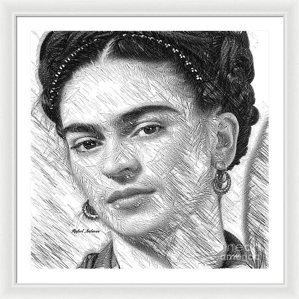 Frida Drawing In Black And White - Framed Print