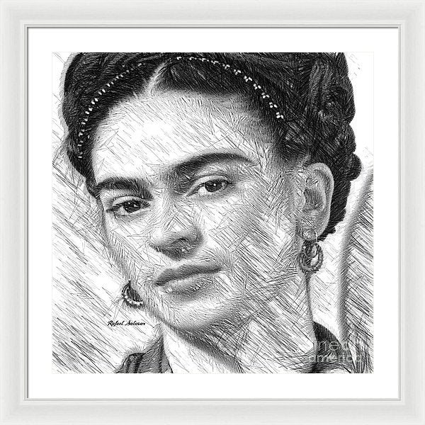 Frida Drawing In Black And White - Framed Print