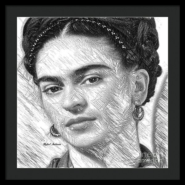 Frida Drawing In Black And White - Framed Print