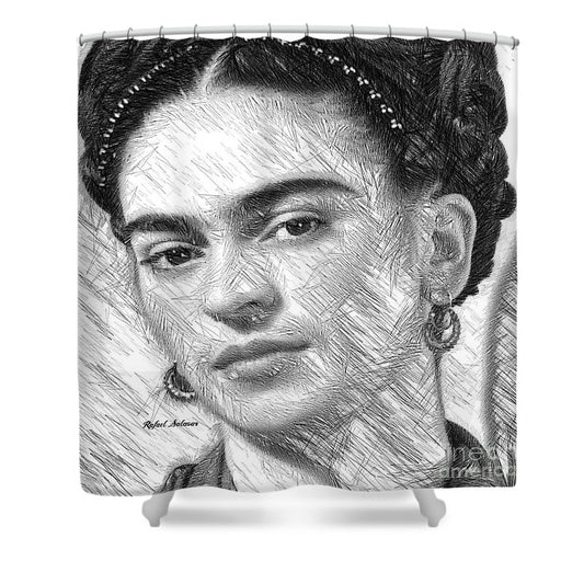 Dessin de Frida en noir et blanc - Rideau de douche