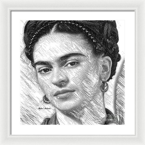 Frida Drawing In Black And White - Framed Print