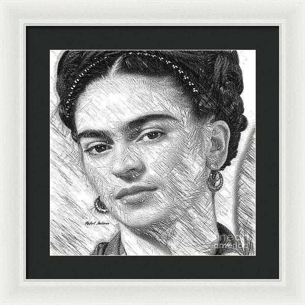 Frida Drawing In Black And White - Framed Print