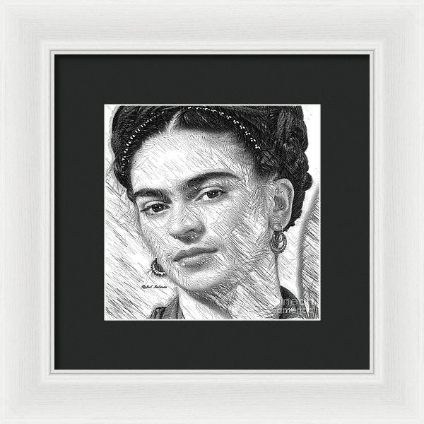 Frida Drawing In Black And White - Framed Print