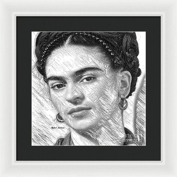 Frida Drawing In Black And White - Framed Print