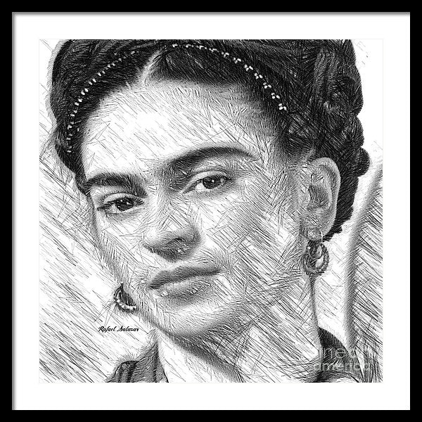 Frida Drawing In Black And White - Framed Print