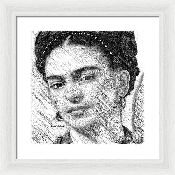 Frida Drawing In Black And White - Framed Print