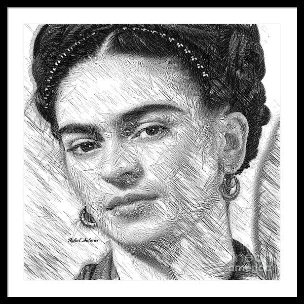 Frida Drawing In Black And White - Framed Print