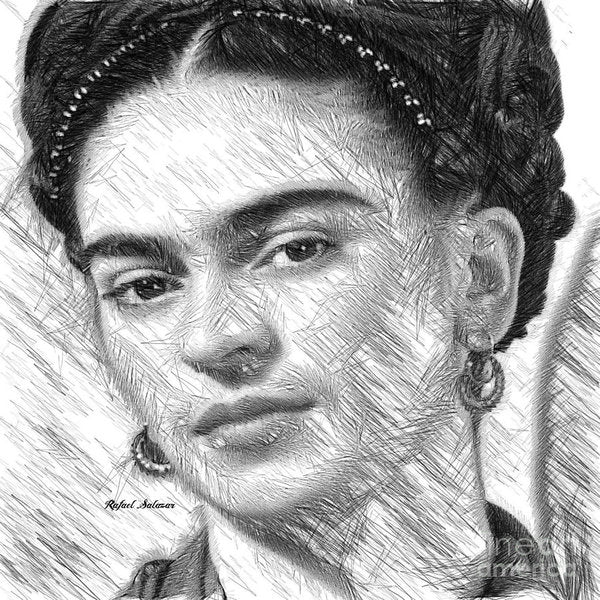 Frida Drawing In Black And White - Art Print