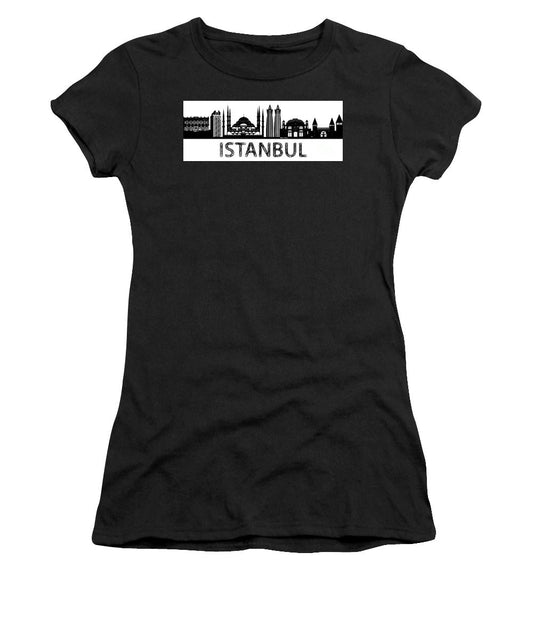 T-shirt pour femme (coupe junior) - Croquis de silhouette d'Istanbul en noir et blanc